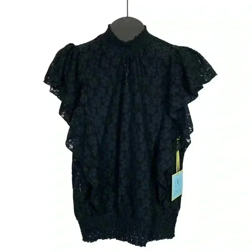 CeCe Sheer Lace Top Smocked Bottom And Neck Flutter Sleeves Lined Size M